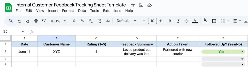 Internal Customer Feedback Tracking Sheet Template