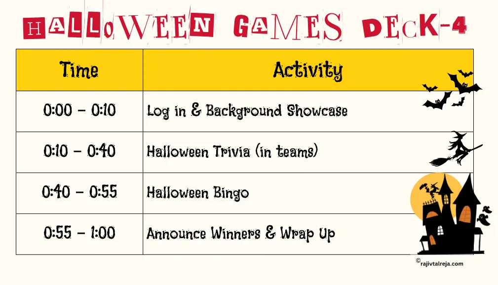 Halloween team-building activities like Zoom Background Contest, Virtual Halloween Trivia and Halloween Bingo