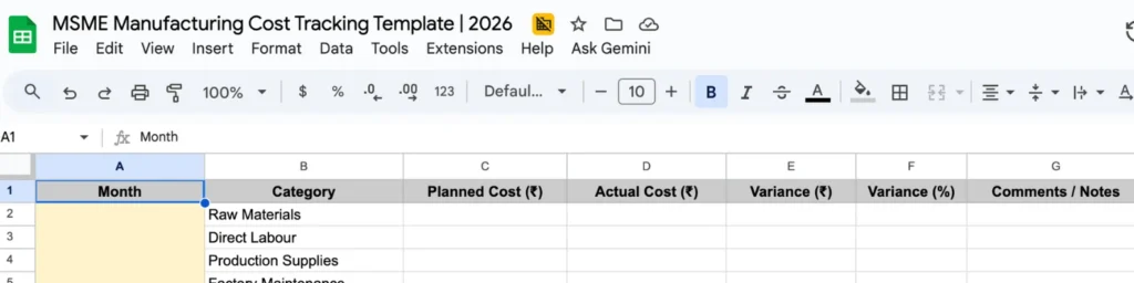 Manufacturing cost tracking template