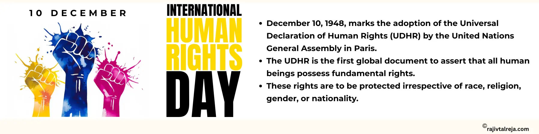 Facts about Human Rights Day on December 10: Universal Declaration of Human Rights (UDHR) by the United Nations General Assembly in Paris.